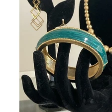 Blue Enamel and Gold Tone Hinged Bangle Bracelet