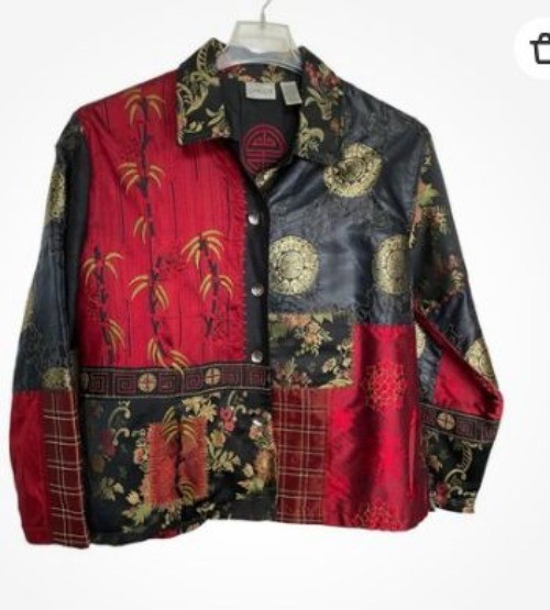 Chico’s Silk Blend Patchwork Jacket Size 2 Red Bl… - image 2