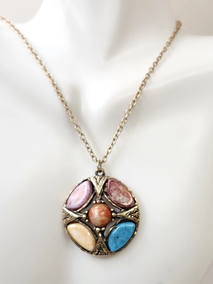 Nuevo Collar Cadena Oro 24" Colgante Estilo Celta Piedras Preciosas Turquesa Jaspe 1928 Foto 2 de 4