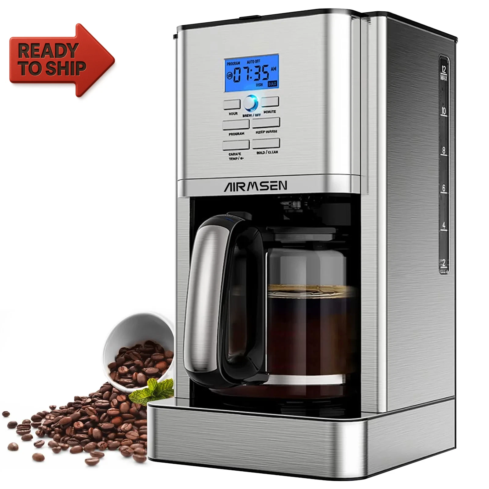 Stainless Steel 12 Cup Drip Coffee Maker, Programmable Coffee Machine Self-Clean