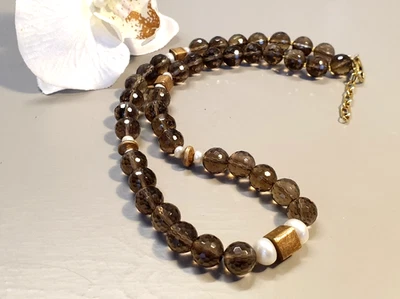 Kette Collier natürliche Rauchquarz Perlen & 925 Silber vergoldeten Elementen - Bild 1 von 4