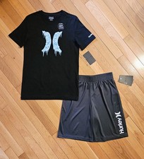 NEW Hurley Youth Big Boy Cotton T-Shirt Short Set, Black/Gray YM - 10/11