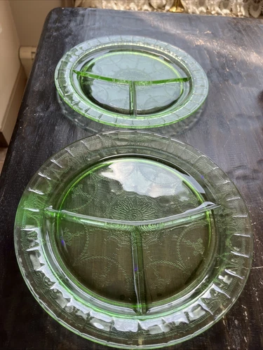2 Ballerina Cameo Green Uranium Depression Glass Grill Plates Hocking 10.5”