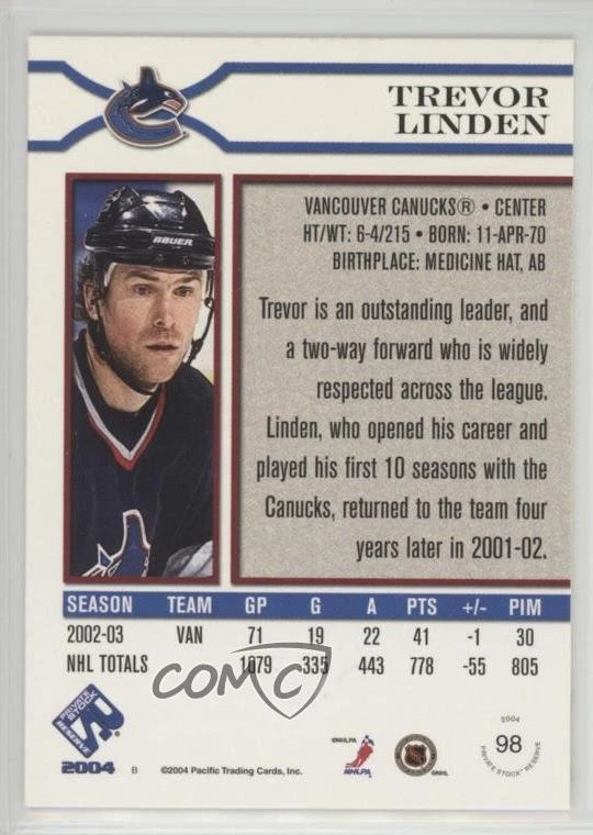 2003-04 Pacific Private Stock Reserve Retail Trevor Linden #98 - Image 2 of 2