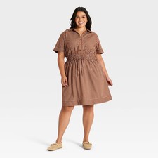 Women's Plus Waist Tie Button Up Collared Mini Shirt Summer Dress -
