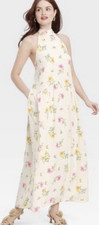 Target Floral Halter Maxi Dress Cream Sleeveless Pockets XL 018 03 5906