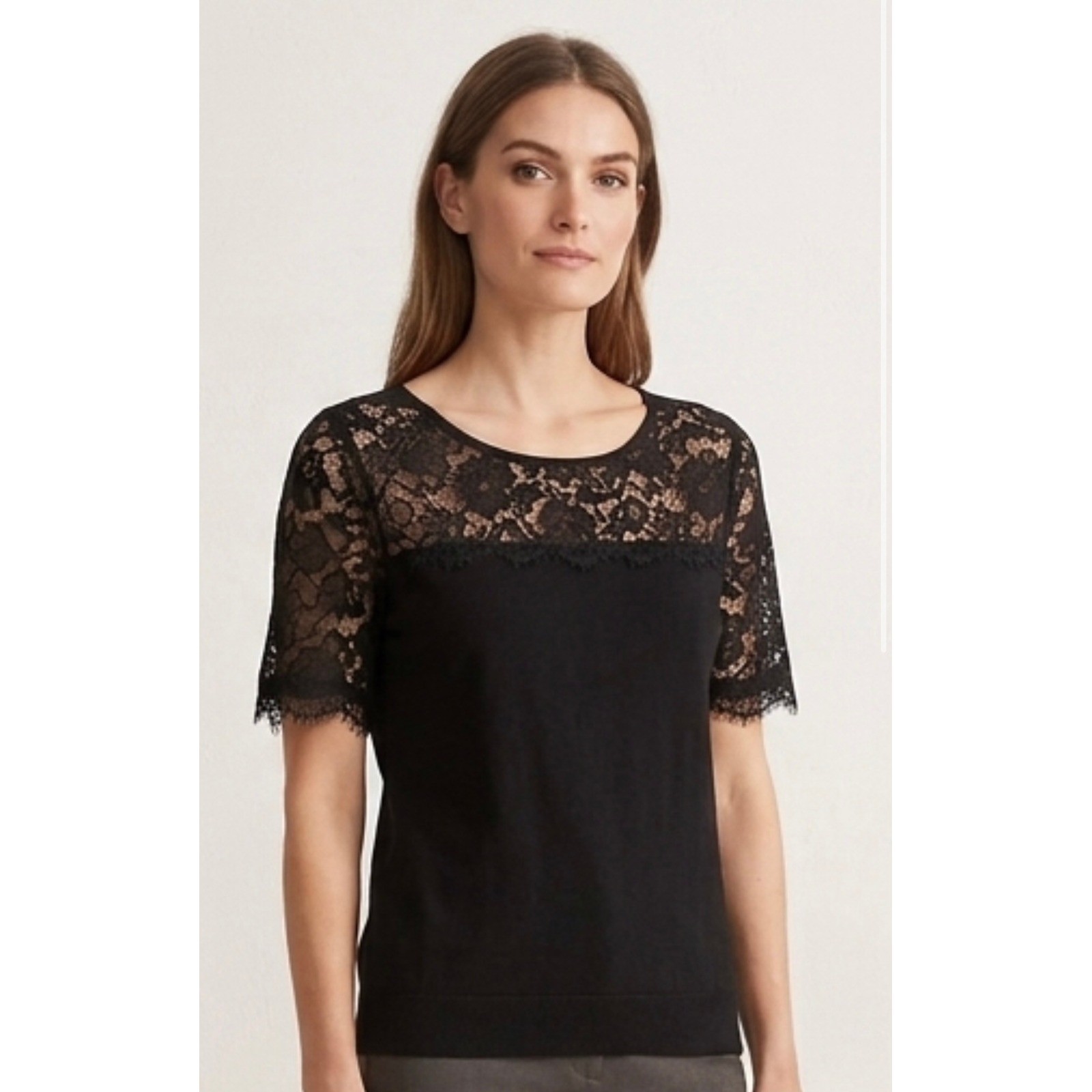 LOFT Knit Top Women Small Black Lace Yoke Eyelash Trim Short Sleeve Zipper Back