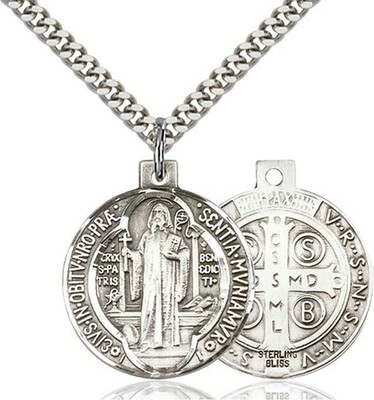Sterling Silver St Benedict Protection Pendant Necklace 18''Chain Set w/ Gift Box
