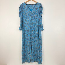 J.Crew Paisley Midi Dress Size L Blue Long Puff Sleeves V Neck Button Front