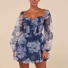 Lulus Positively Enchanting Blue Floral Organza Bustier Mini Dress - Size L
