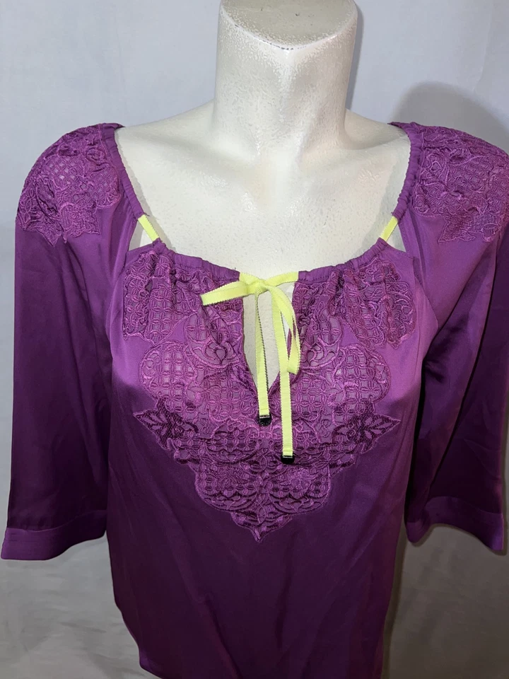 Blusa Pullover Elie Tahari Top Talla M Púrpura Lima Seda Bordada Manga 3/4 Foto 2 de 4