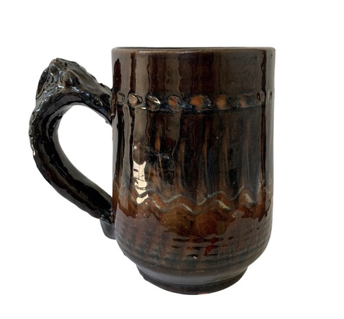 Antique Redware Mug Tankard Figural Handle Brown Feathered Glaze - Picture 3 of 8