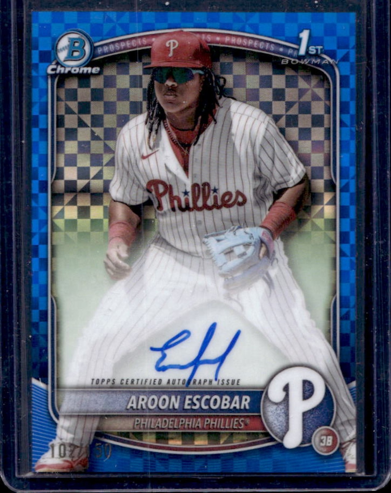 2025 Bowman Aroon Escobar Chrome Auto Blue X-Fractor 1st #/150 Phillies