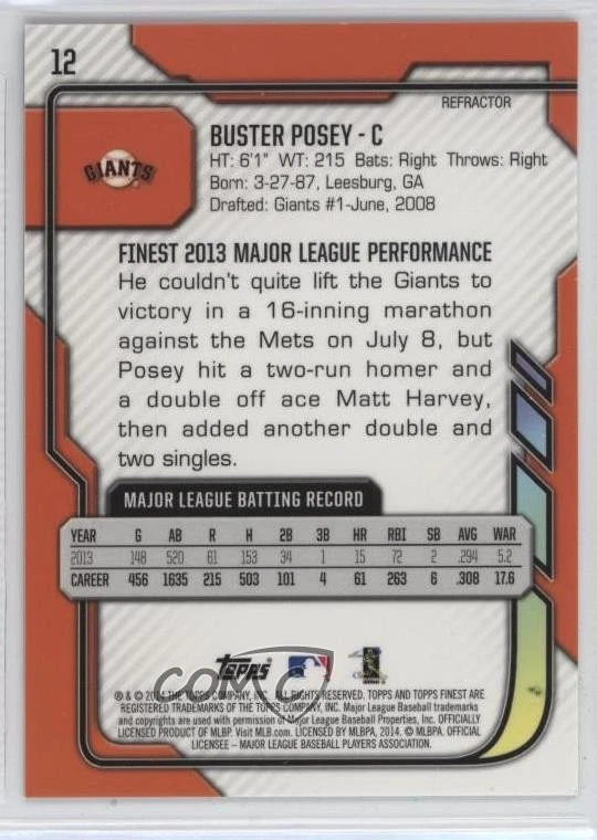 2014 Topps Finest Gold Refractor /50 Buster Posey #12 - Image 2 of 2