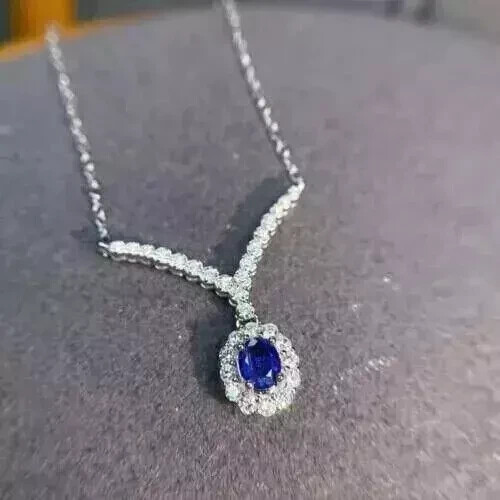 2Ct Oval Lab-Created Blue Sapphire Halo Pendant 14k White Gold Plated 18" Chain