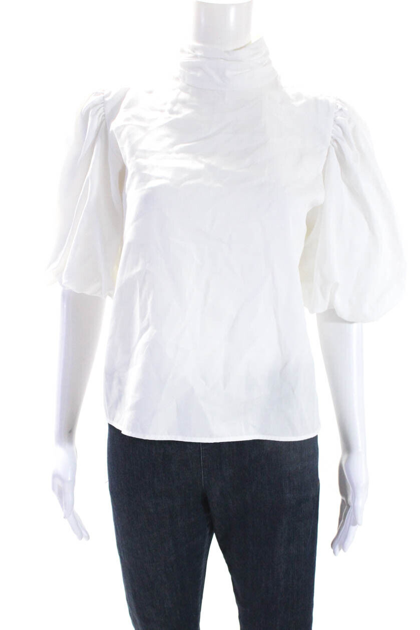 Frame Womens White Cotton High Neck Puff Short Sleeve Blouse Top Size M