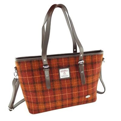 Ladies Authentic Harris Tweed Tote Bag With Shoulder Strap Rust Orange Check