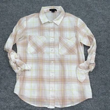 Sanctuary Blouse Womens size M Pink Plaid Linen Blend Roll Tab Sleeves Button