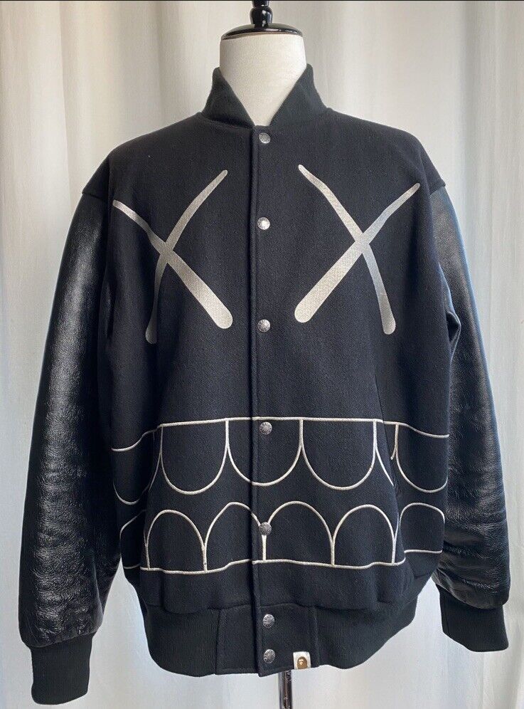 A Bathing Ape Kaws Black Leather Wool Chomper Varsity Jacket A Bathing Ape Kaws Black Leather Wool Chomper Varsity Jacket