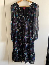 Monsoon Black Floral Midi Dress 100% Silk Size 12 Sheer Long Sleeves