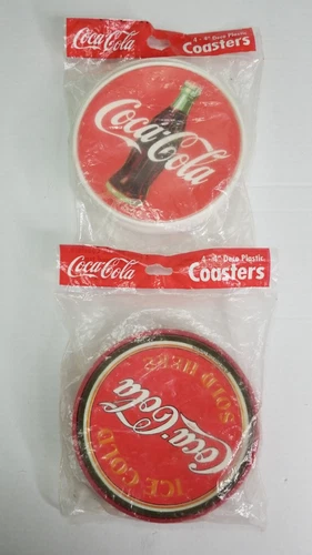 Lot of 2 Pks of 4 Vintage Coca-Cola 4" Deco Plastic Coasters (8 Coasters Total)