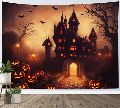 Black Bat Creepy Haunted House Halloween Tapestry for Bedroom Living Room Dorm