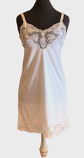 Vtg Off-White Silky Nylon Full Slip Dress Wide Lace Trim Hem Komar USA Size 34