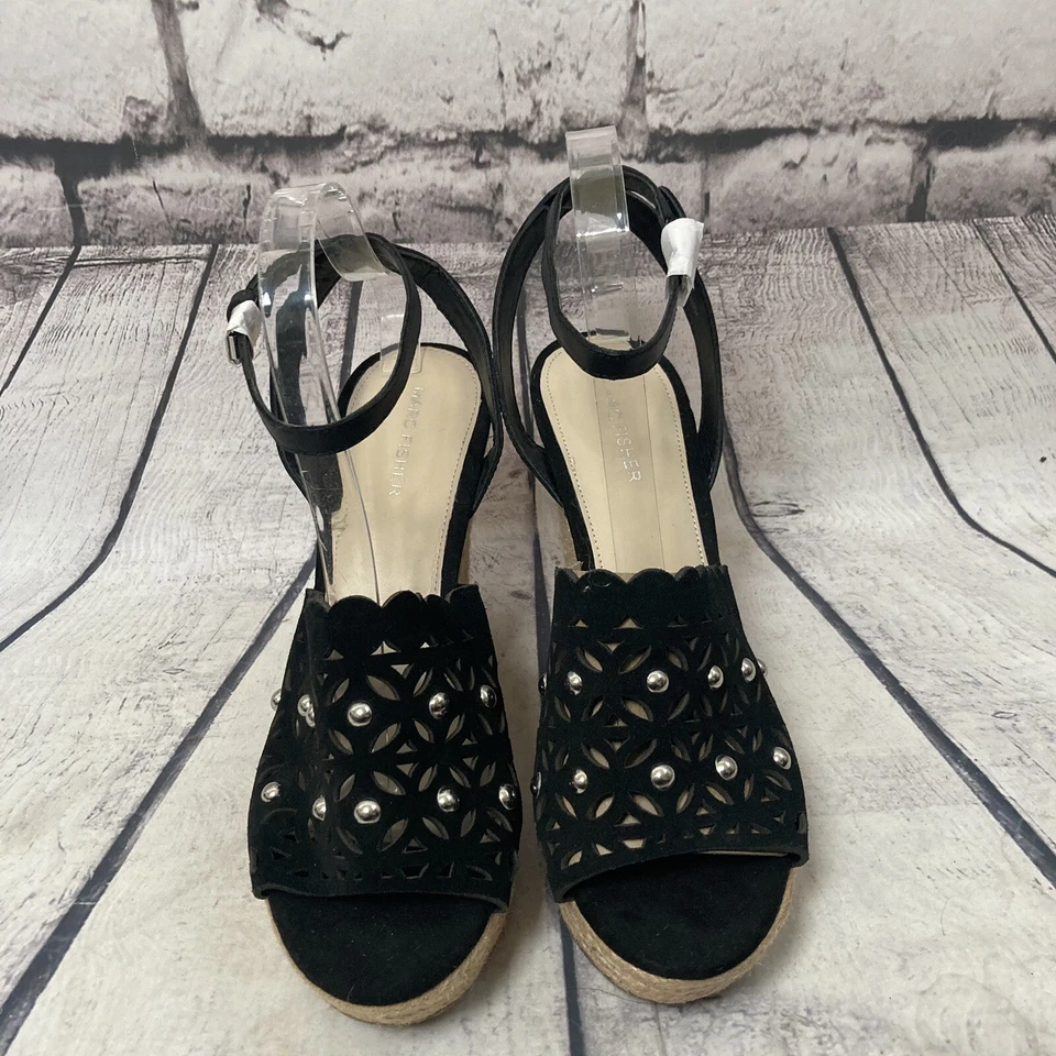 Sandalias Marc Fisher Mujer Talla 10 Negro Hata Cuña Alpargata Tachonada Boho Foto 2 de 4
