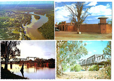 x4 postales con puentes del río Murray y gol de Wentworth, MILDURA, etc., década de 1970
