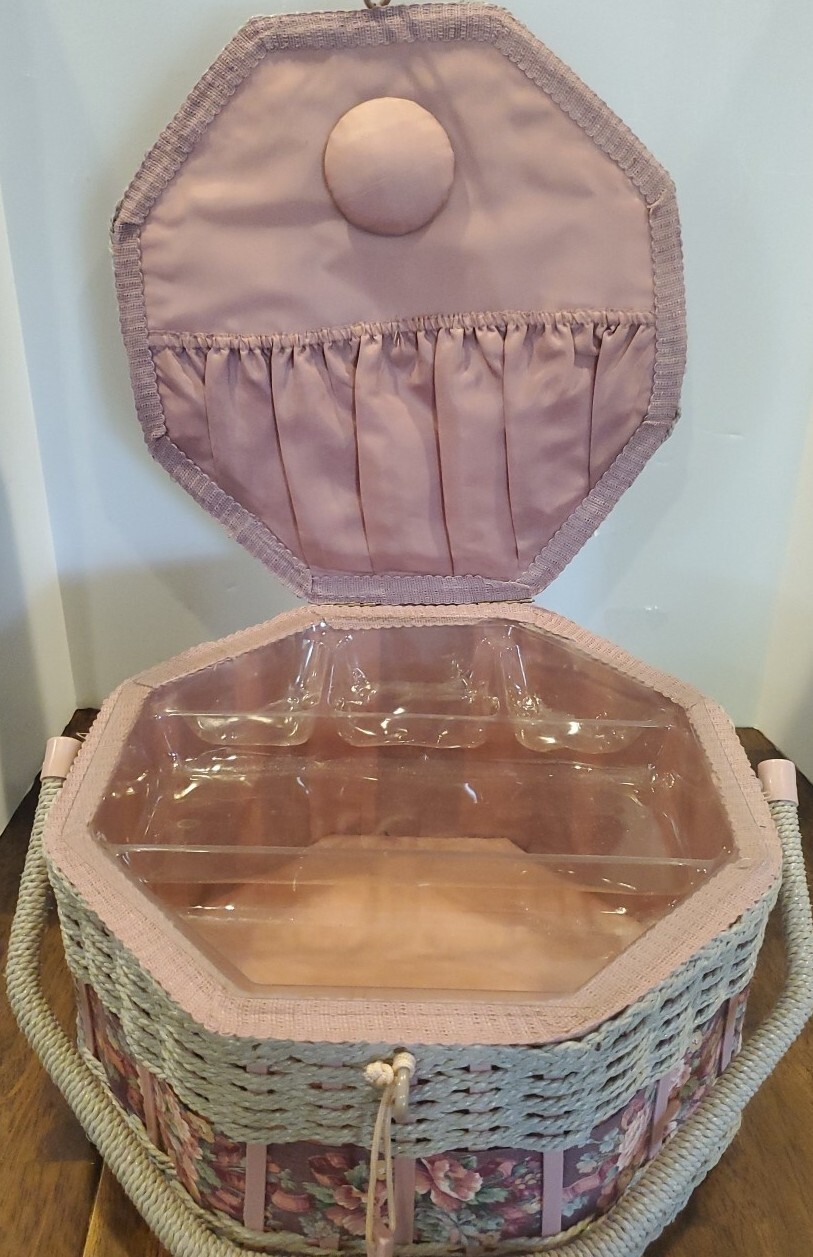 Vintage 1980s Large Octagon Sewing Box w Handle Wicker Dusty Rose/Blue Floral