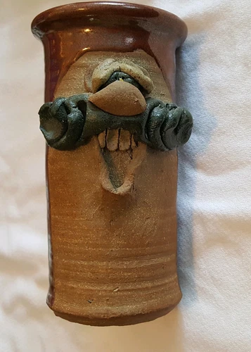 Art Pottery Glazed Stoneware 3-D Face Mug Man Smiling Laughing Appx 8" Tall
