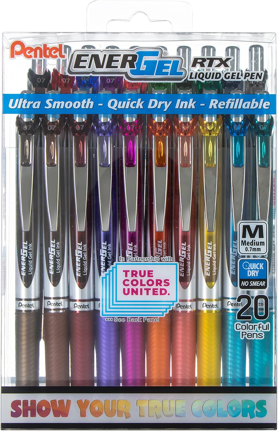 Pentel EnerGel RTX Assorted Ink Pens 0.7mm Medium Line 20 Pack