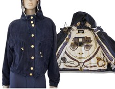 Vintage Begedor Italia Hooded Navy Suede Jacket Silk Carriage Lining Sz Large