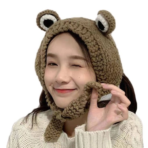 Winter Beanie Hat Warm Knitted Cap Beanie Windproof Earflap with 3D for Frog Eye - Picture 5 of 10