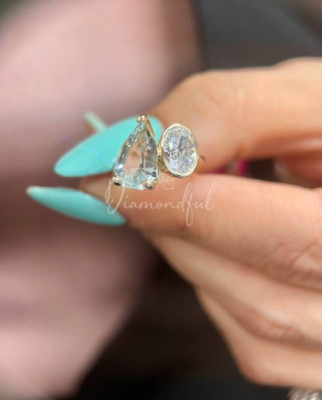Custom Aquamarine Toi et Moi Ring, Lab Created Engagement Ring