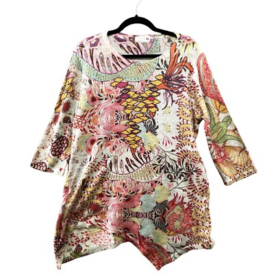Atelier 5 Knit Asymmetric Tunic Top Womens M Multicolor 3/4 Sleeve Art To Wear