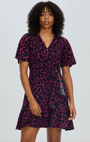 Michael Kors Women's Giraffe Flutter Mini Wrap Dress Cerise S $155 MR3815L879