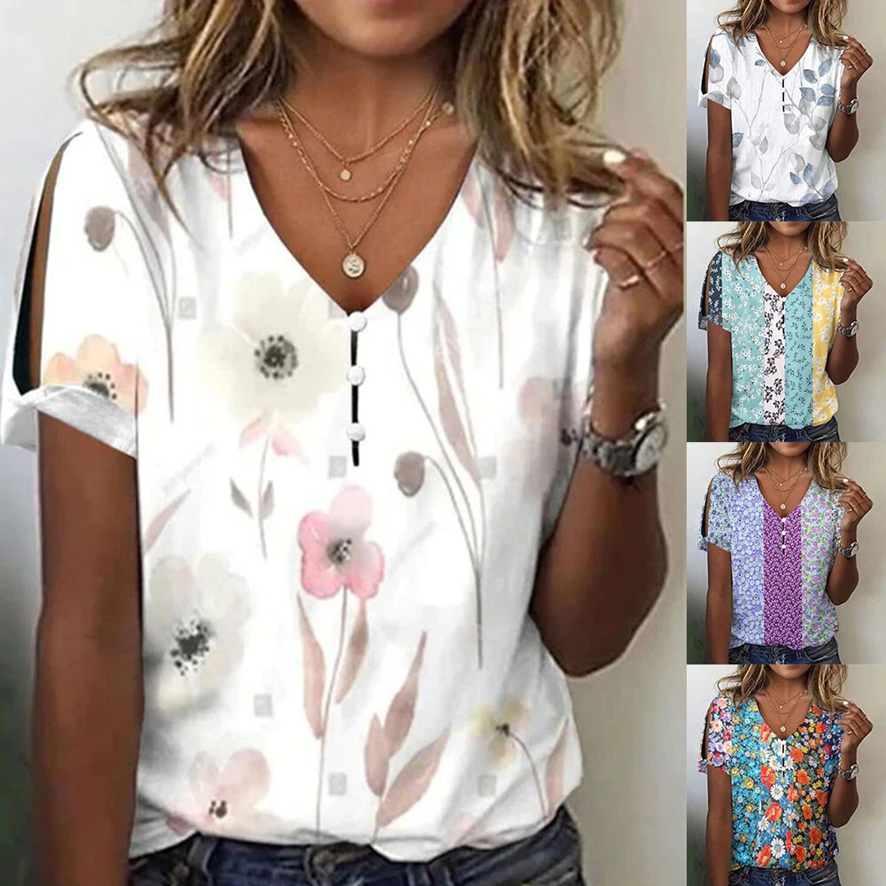 Plus Size Lady Summer Tops Blouse Ladies V Neck Floral Short Sleeve Tee T- Shirts