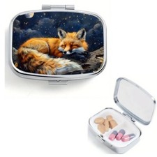 Fox Pattern Mini Portable Pill Dispenser with 2 Compartments Travel Pocket Size