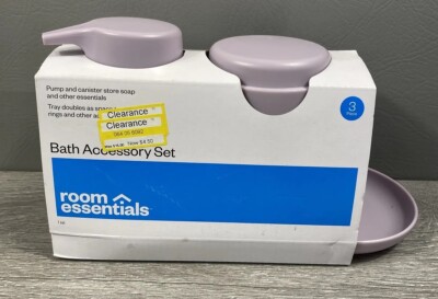 Room Essentials~ 3pc Lavender Bath Bundle Set: Soap Tray & Pump & Canister