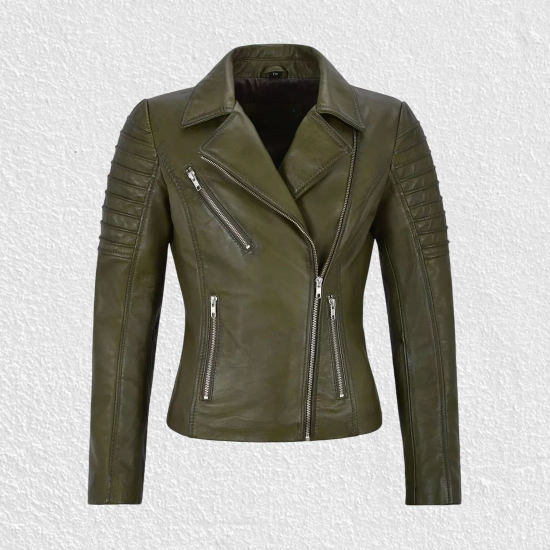 New Women' Genuine Olive Green Lambskin Leather Jacket Stylish Motorcycle Jacket