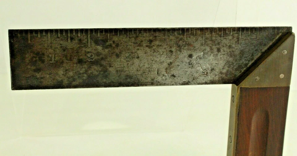 =Antique Right Angle Measuring Tool Iron Blade Wood & Brass Handle Mrkd OAK LEAF - Image 2 of 4