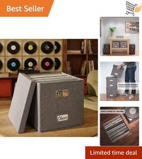 Vinyl Record Storage Box Linen Metal 50 Single Album Compact Stackable