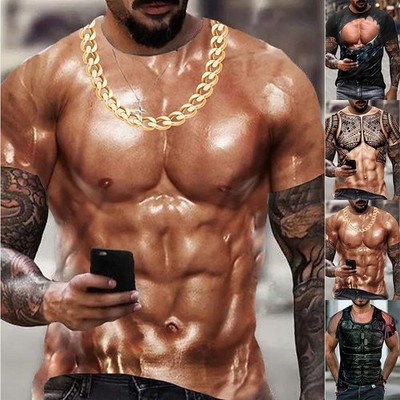 Männer 3D Muscle Tattoo Print T-Shirt,Kurzarm Digitaldruck Shirts Tops-Bequemes