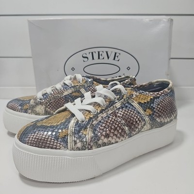 Steve Madden Emmi Lace Up Platform Shoes Women's Size 7.5 Snakeskin Blue Gold 