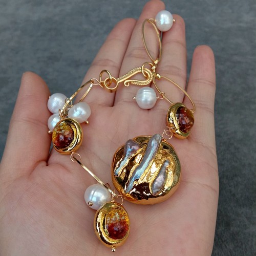 Cultured White Keshi Pearl Brown Murano Glass Beaded Bracelet - Picture 3 of 6