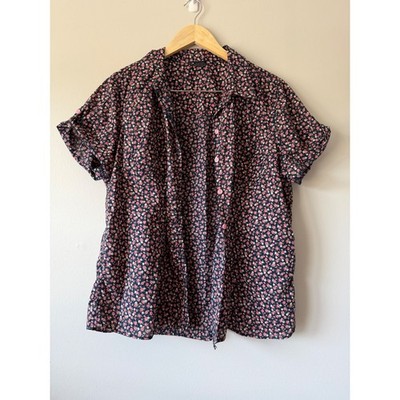Faded Glory Navy Blue Pink Floral Button Down Shirt Roll Tab Sleeve XXL 20