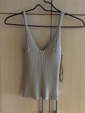 Women’s Ribbed Knit Tank Top Beige Sleeveless Stretch V-Neck Size S
