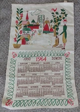 1964 Vtg Linen Calendar Towel Kitchen Tea Hanging Colonial Pennsylvania Dutch