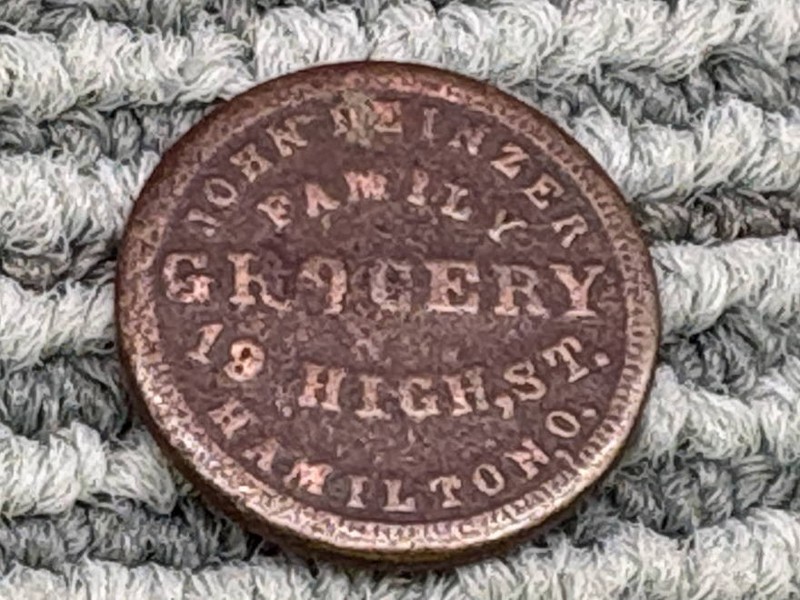 c1860 CIVIL WAR ERA HISROTICAL TRADE TOKEN JOHN DEINZER GROCERY HAMILTON OH